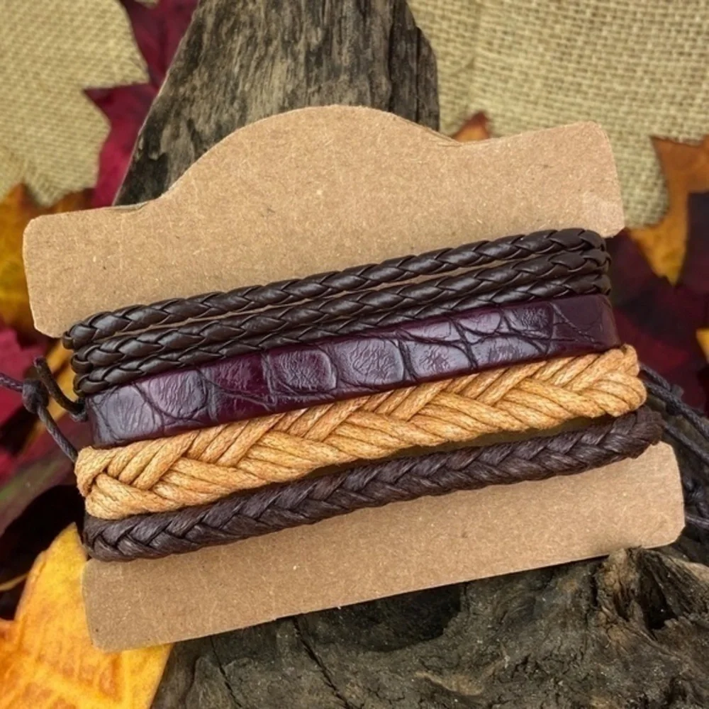 Mens Bracelets Bundle 4 Piece Adjustable Size Leather and Hemp Bracelets